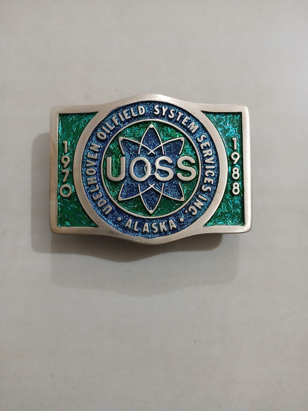 UOSS Udelhoven Oilfield Alaska Vintage Belt Buckle – Front view UOSS Udelhoven Oilfield Alaska vintage belt buckle – front view