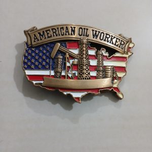 USA Flag Oil Rigs vintage belt buckle – front view