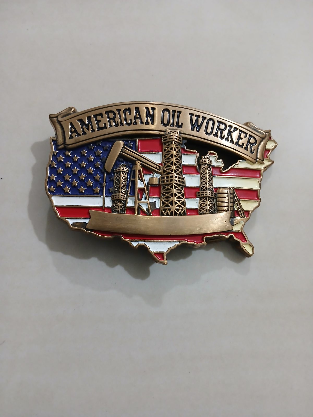 USA Flag Oil Rigs Vintage Belt Buckle – Front view USA Flag Oil Rigs vintage belt buckle – front view
