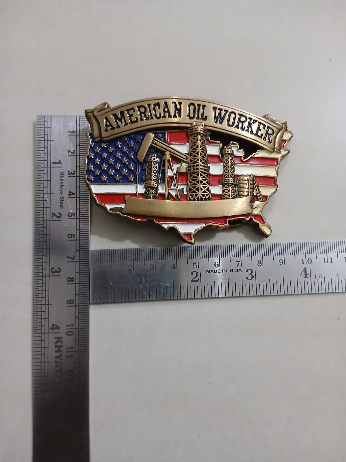 USA Flag Oil Rigs Vintage Belt Buckle – With ruler for size USA Flag Oil Rigs vintage belt buckle – with ruler for size