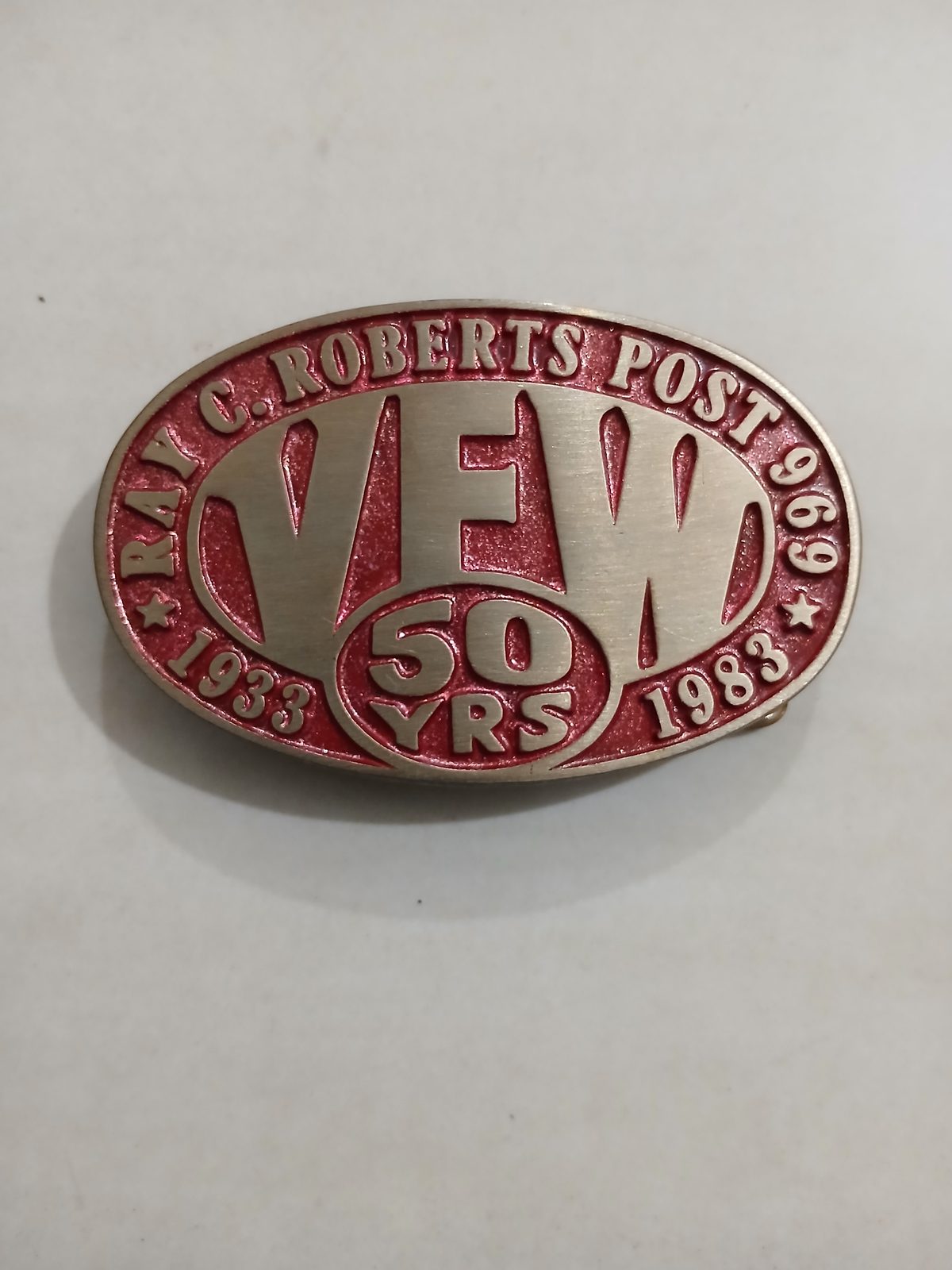VFW 50 Years 1933-1983 Vintage Belt Buckle – Front view VFW 50 Years 1933-1983 vintage belt buckle – front view
