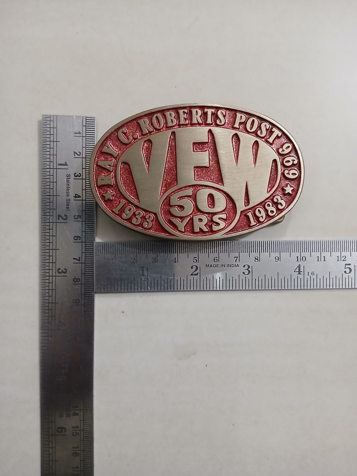 VFW 50 Years 1933-1983 Vintage Belt Buckle – With ruler for size VFW 50 Years 1933-1983 vintage belt buckle – with ruler for size