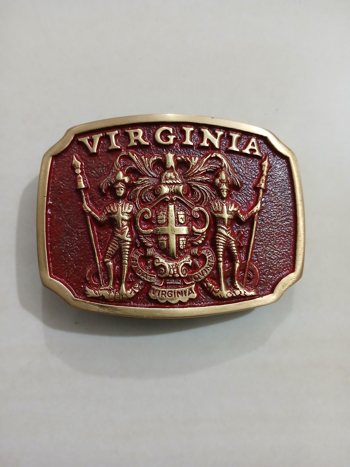 Virginia Coat of Arms Vintage Belt Buckle – Front view Virginia Coat of Arms vintage belt buckle – front view