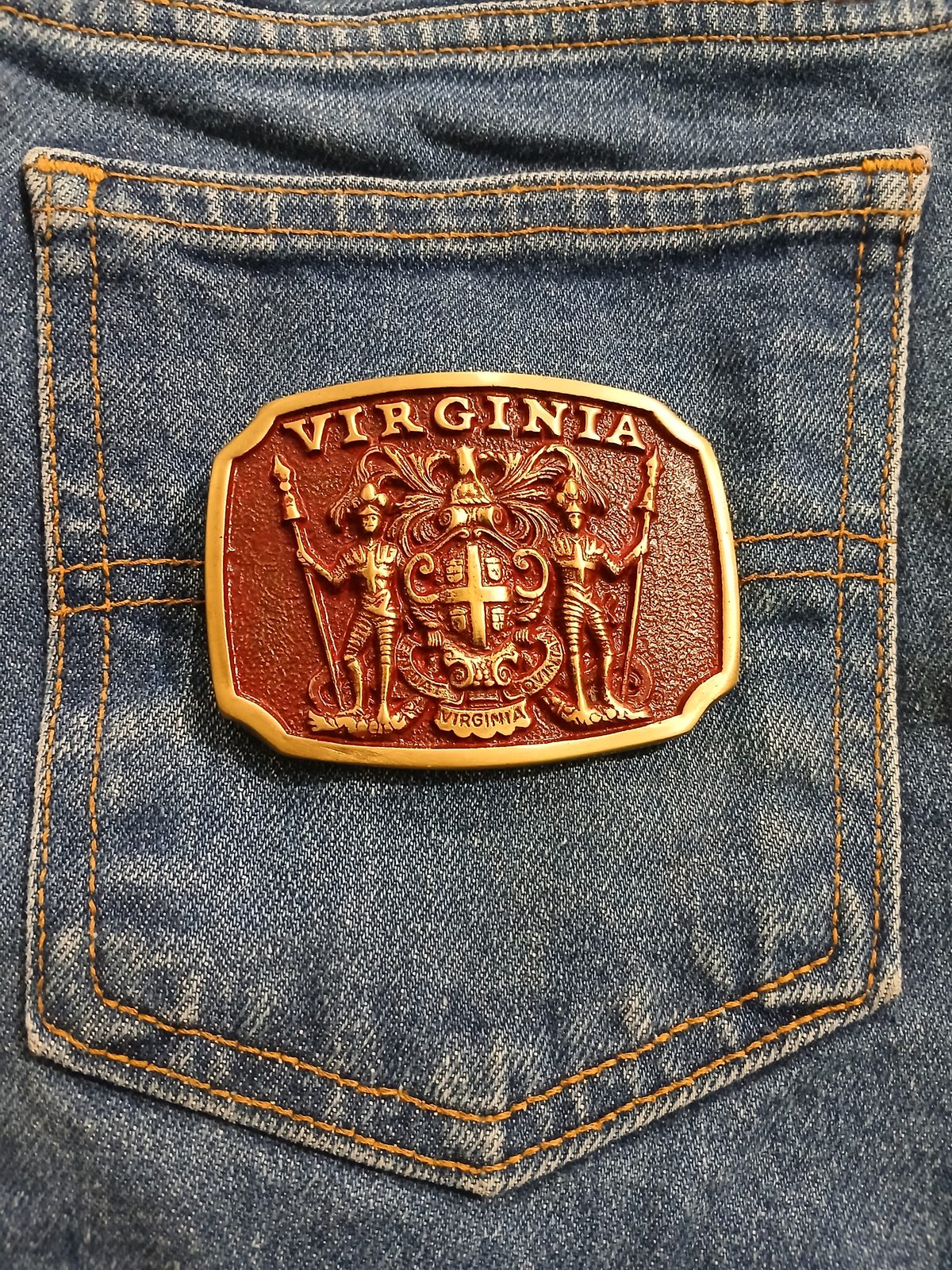 Virginia Coat of Arms Vintage Belt Buckle – On jeans back pocket Virginia Coat of Arms vintage belt buckle – on jeans back pocket