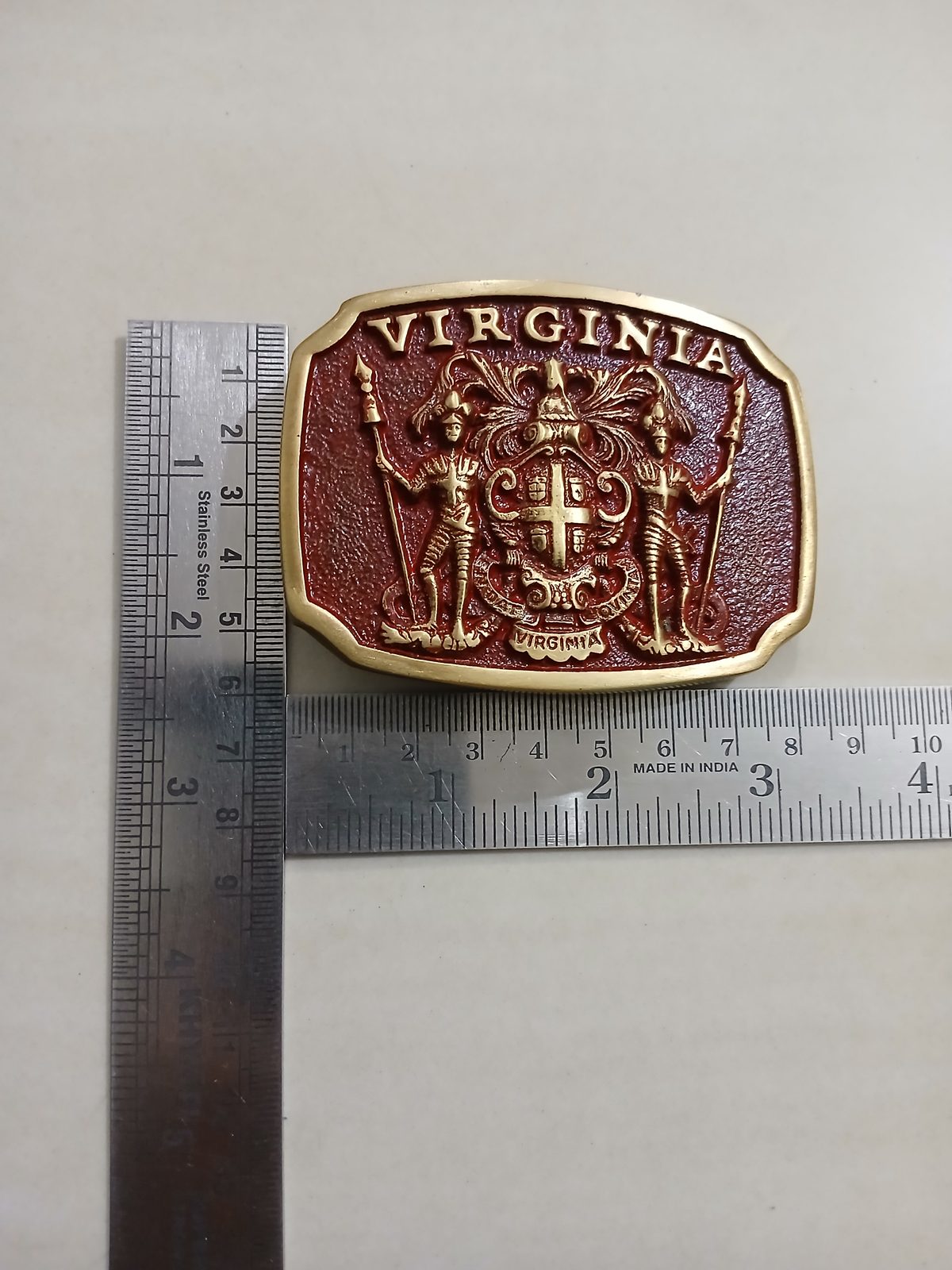 Virginia Coat of Arms Vintage Belt Buckle – With ruler for size Virginia Coat of Arms vintage belt buckle – with ruler for size