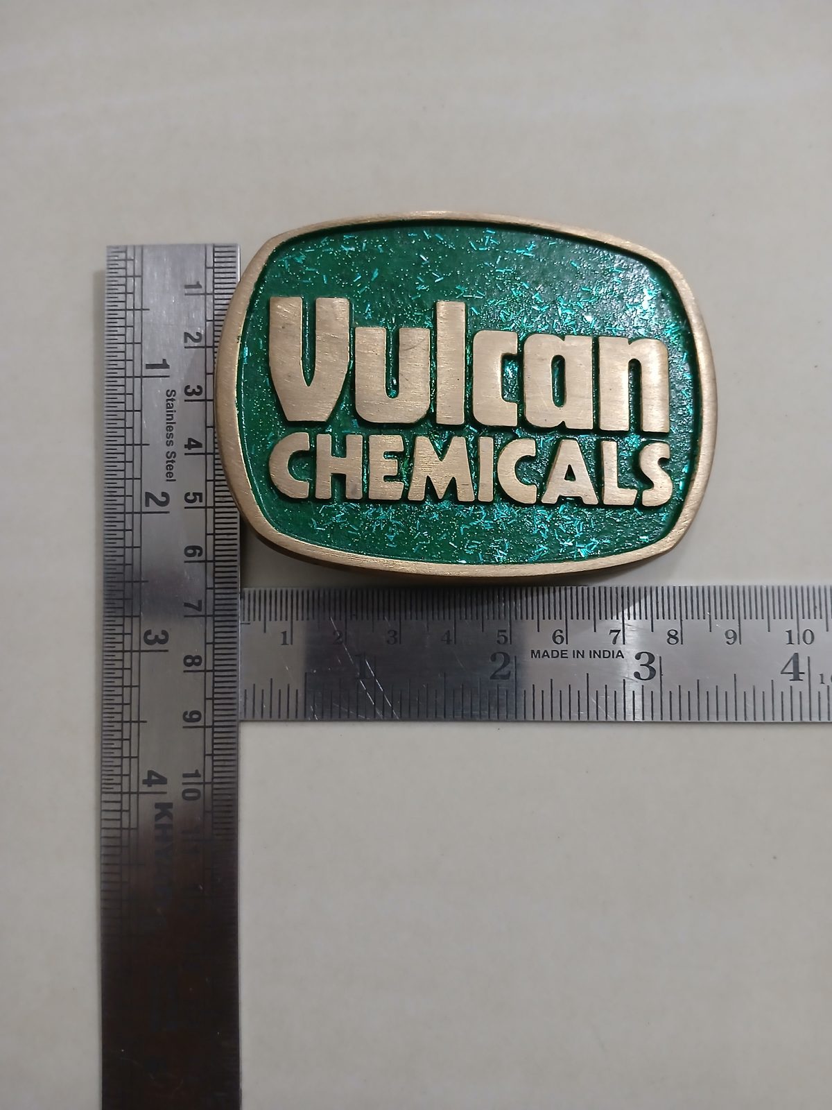 Vulcan Chemicals Vintage Belt Buckle – With ruler for size Vulcan Chemicals vintage belt buckle – with ruler for size