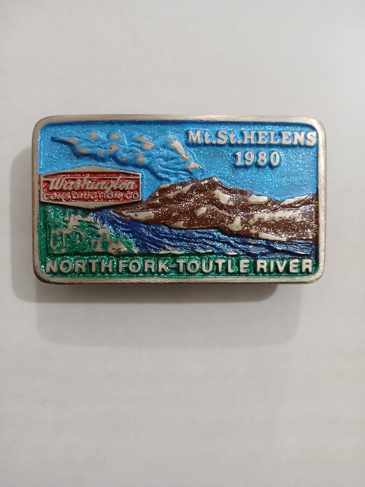 Washington Construction North Fork Toutle River Vintage Belt Buckle – Front view Washington Construction North Fork Toutle River vintage belt buckle – front view