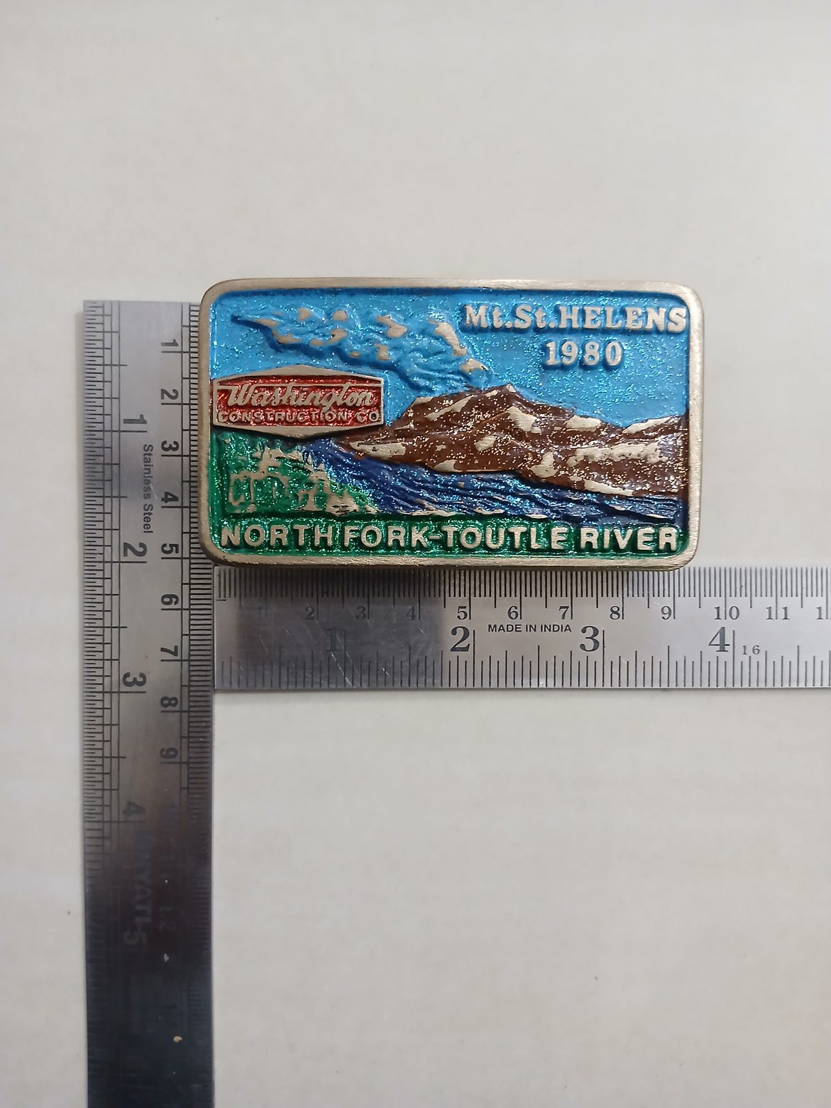 Washington Construction North Fork Toutle River Vintage Belt Buckle – With ruler for size Washington Construction North Fork Toutle River vintage belt buckle – with ruler for size