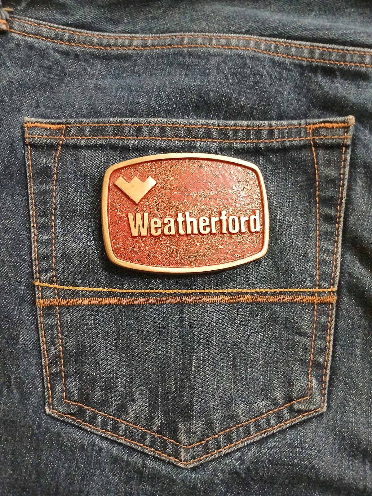 Weatherford Vintage Belt Buckle – On jeans back pocket Weatherford vintage belt buckle – on jeans back pocket