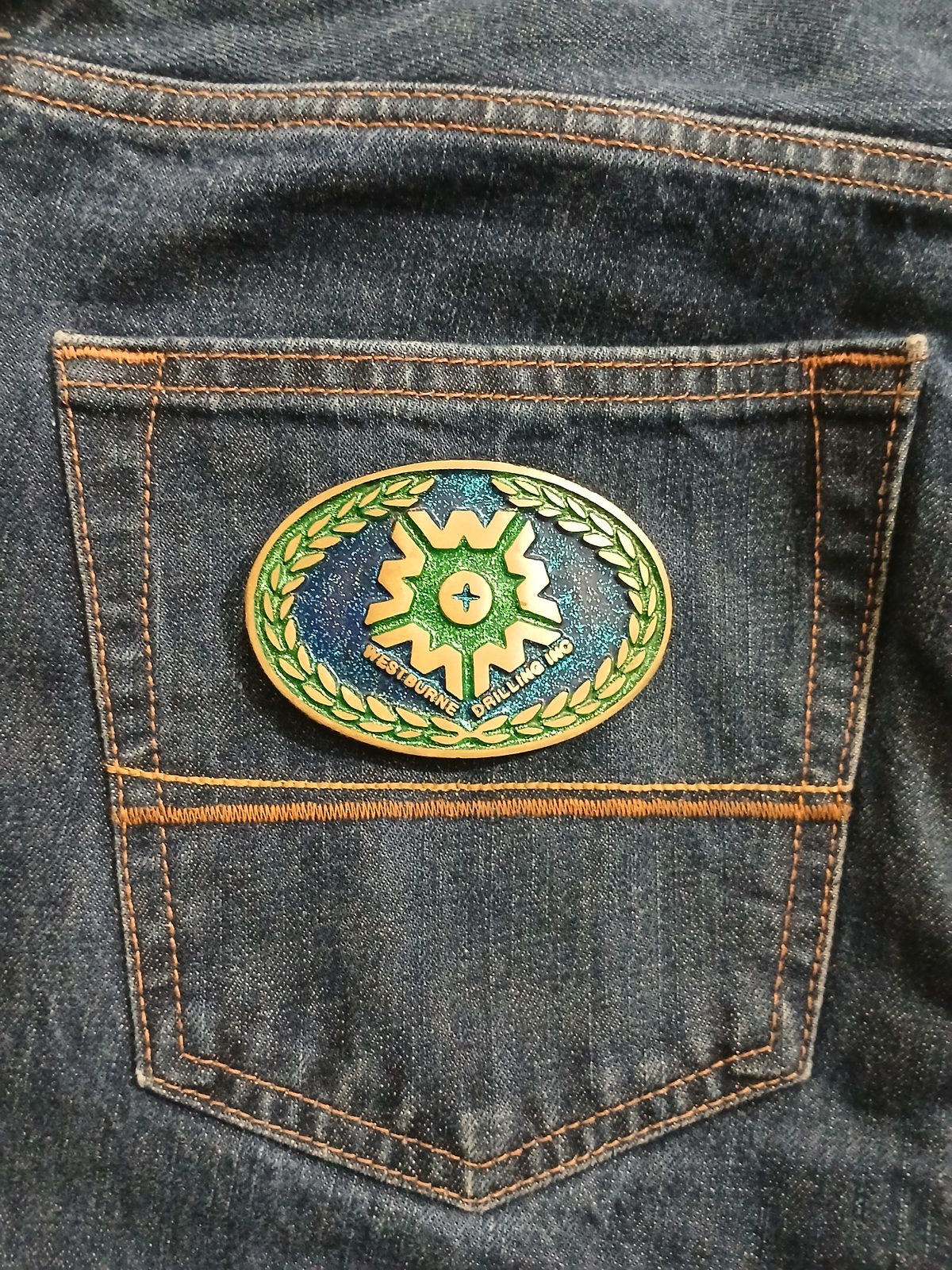 Westburne Drilling Inc Vintage Belt Buckle – On jeans back pocket Westburne Drilling Inc vintage belt buckle – on jeans back pocket