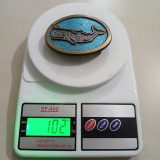 Whale vintage belt buckle – on scale showing weight